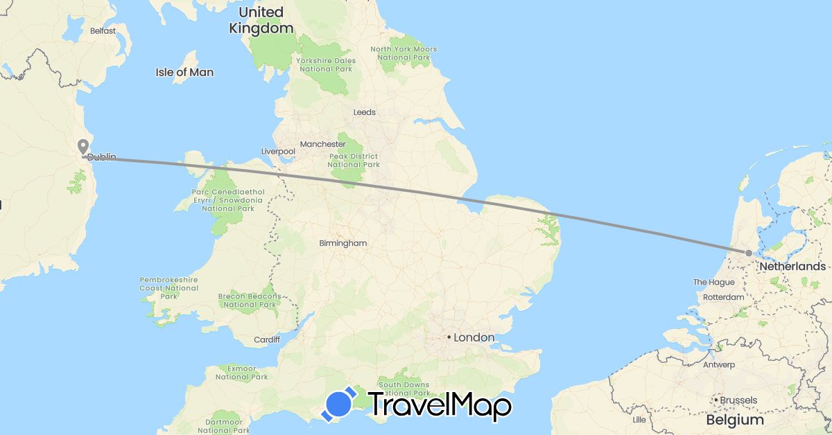 TravelMap itinerary: driving, plane in Ireland, Netherlands (Europe)